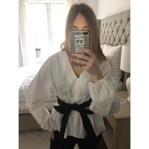 Zara White Poplin Shirt with Puff Sleeves